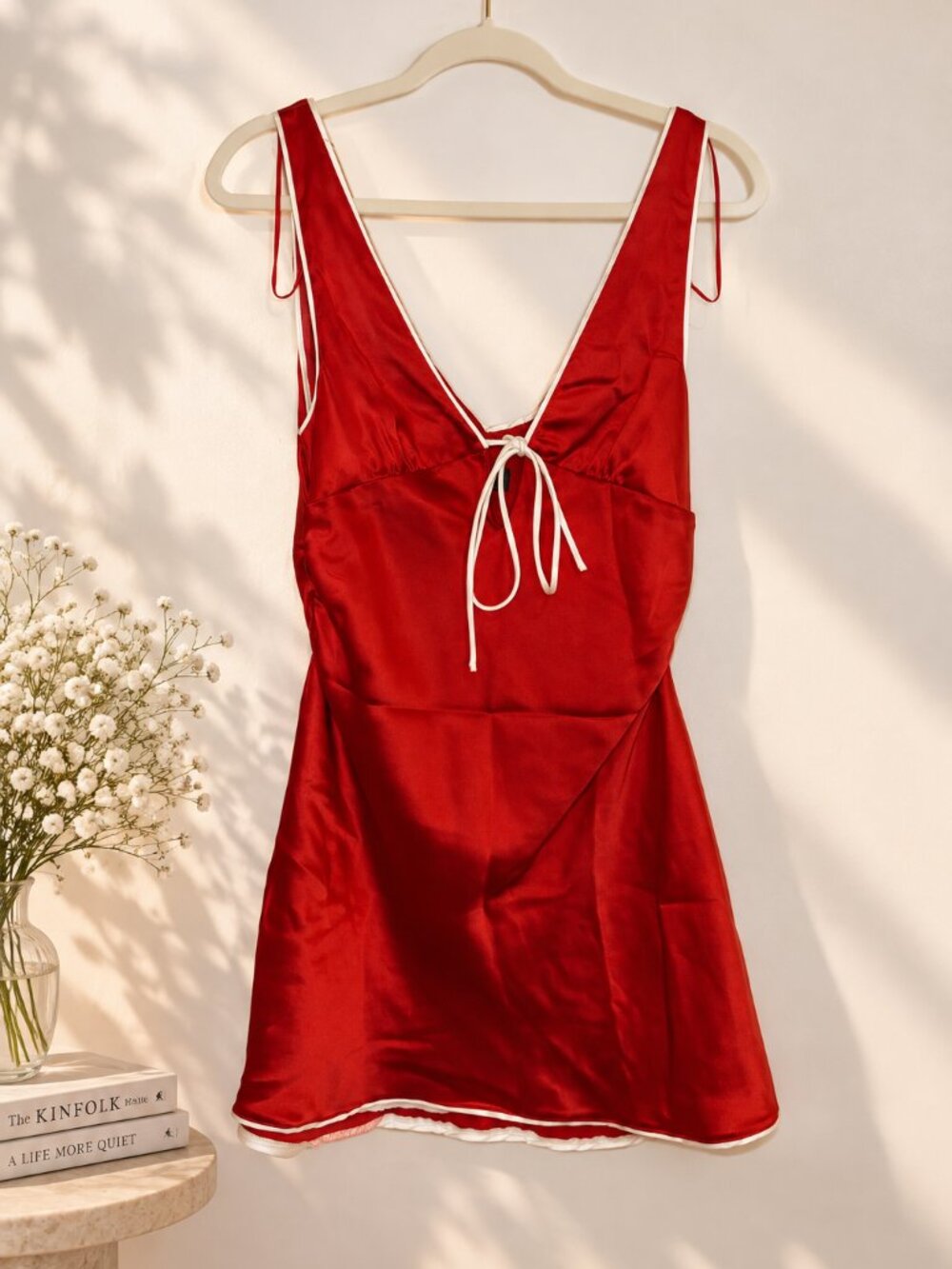 NWT ZARA Red Satin Contrast Trim Mini Dress Size L